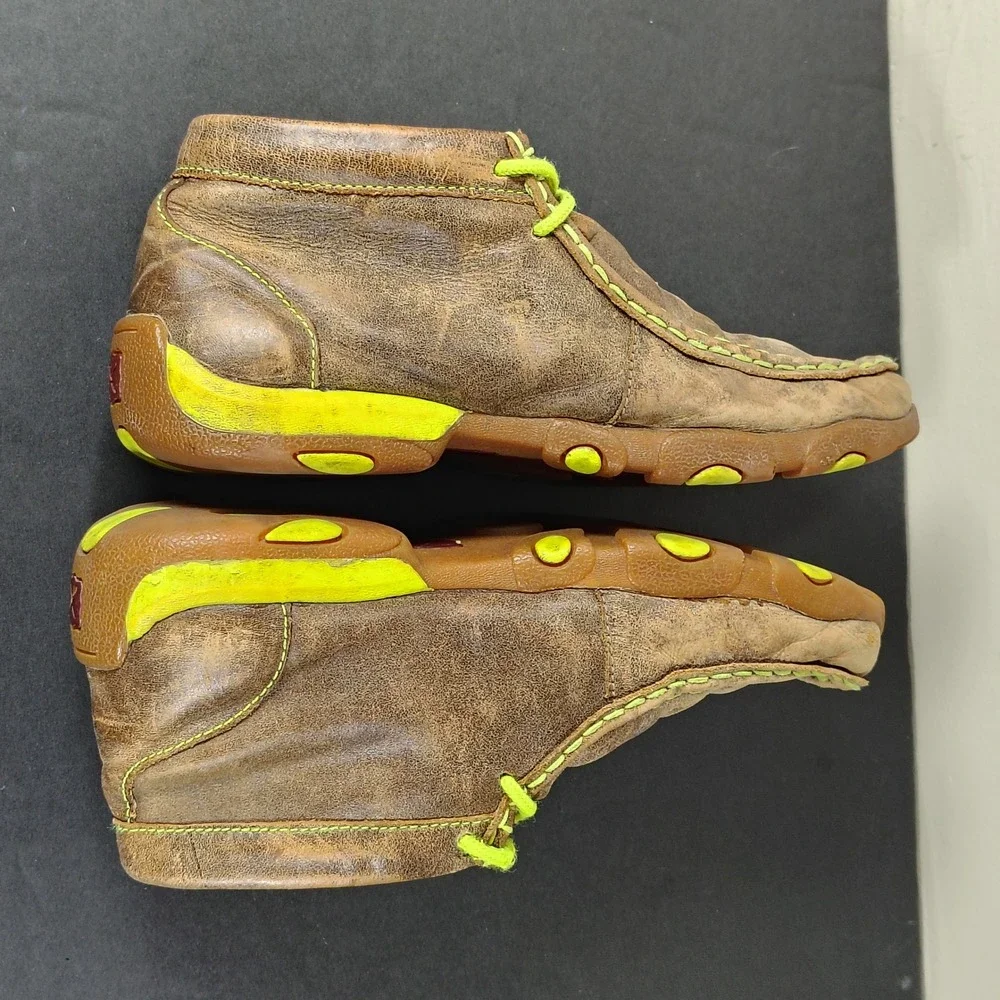 Twisted X Driving Moc Boys 4M Brown Leather Neon Green Accents YDM0001 Shoes